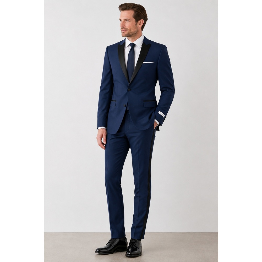 Calvin Klein Blue Tuxedo Suit 40L Contrast Black Satin Shawl Collar‎ Formal